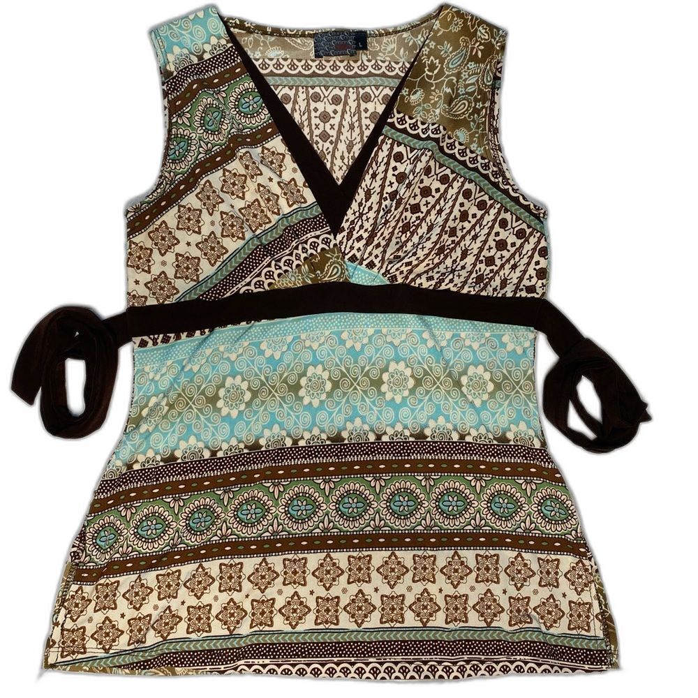 MCM Sleeveless Babydoll Women L Belted V-Neck Blouse Tank Top Y2K Brown Teal